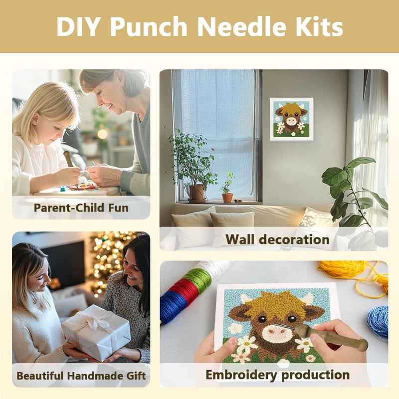 DOODLREAM Highland Cow DIY Punch Needle Embroidery Kit for Adult Beginner, 9.4" Highland Cow Animal Punch Stitching Craft Set for Starter with Frame, Fabric Pattern, Threader, Yarn, Pinch Needle - Image 4